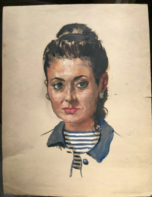 signé DUBOIS :  Portrait Huile sur papier Jeune femme au pull marine 2