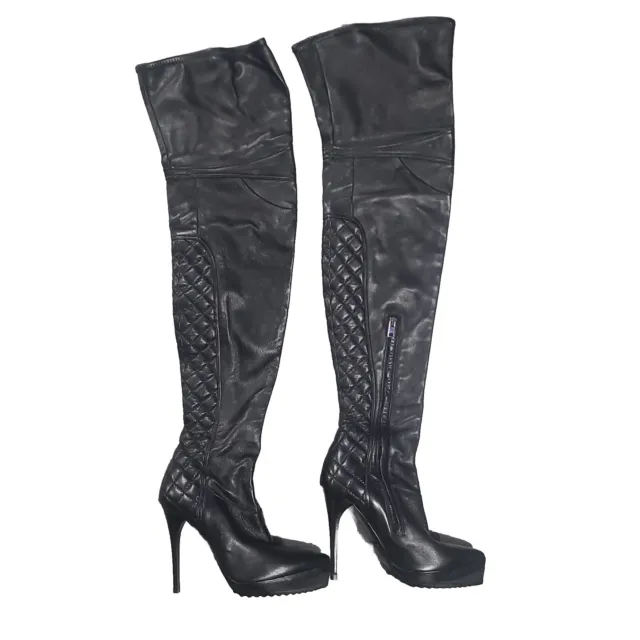 38/7.5❤️BURBERRY Black Leather Over The Knee Thigh High Heel Boots Booties ITALY