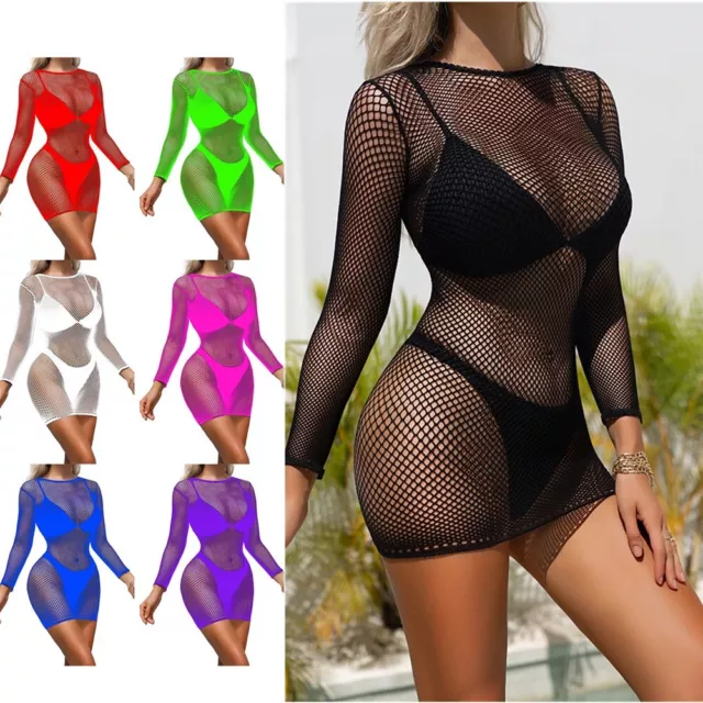 Womens Mini Dress Fishnet Babydoll Dress Sexy Bodycon Dress See Through