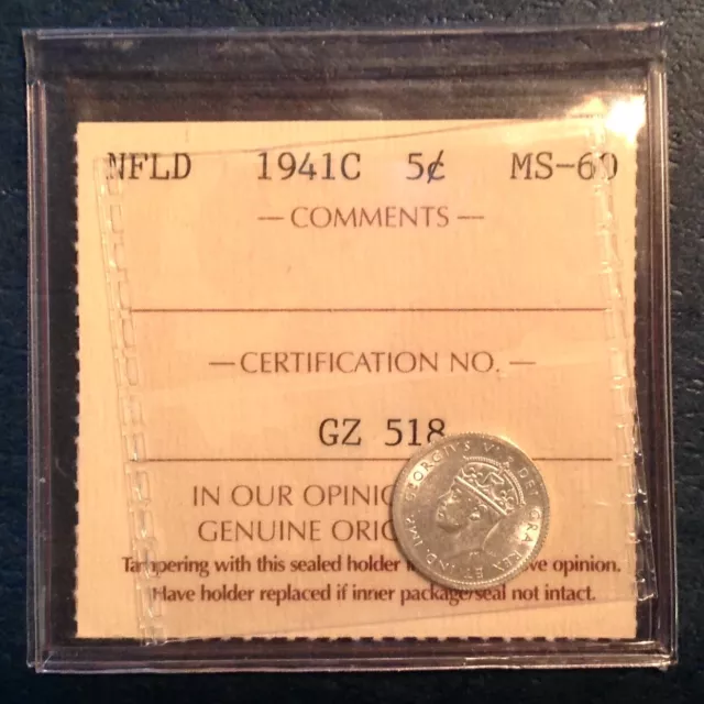 1941 C Newfoundland Canada George V 5 Five Cents ICCS Uncirculated Unc cd