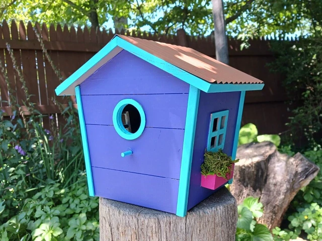 French Quarter Style Birdhouse with Corrugated Metal Roof - Purple w/Blue Trim