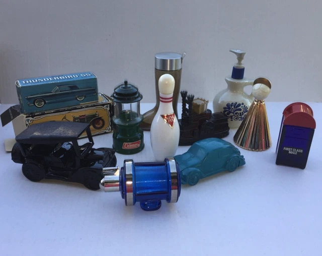 12 Avon Empty Bottles Decanters Lot #1 Mail Box Cars Angel Bowling Pin Boot