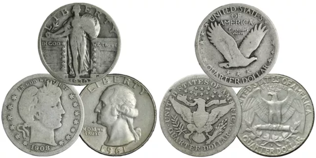 3 SILVER QUARTERS! 1 Each - Barber, Standing Liberty, Washington! Dates Vary