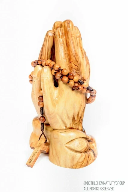 Beautiful Hand Carved Olive Wood Praying Hands With A Free Rosary Beads..