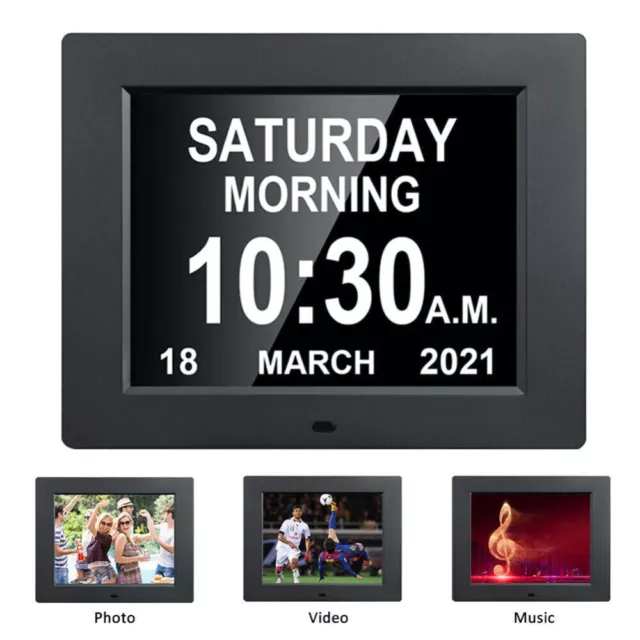 Hot Large Dementia Clock 8" Digital Calendar Day Clocks LED Alarm Clock Wall UK