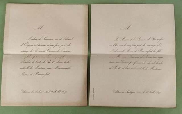 FAIRE PART MARIAGE 1877 Casimir DE LIMAIRAC zouave pontifical et J. DE
