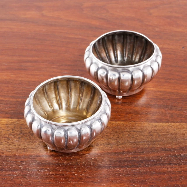 2 J F Fradley Sterling Silver Ball Footed Salt Cellars Fluted Body Ball Feet