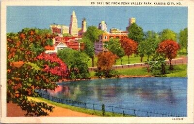 Vintage Postcard View Skyline from Penn Valley Park Kansas City Missouri MO Y085
