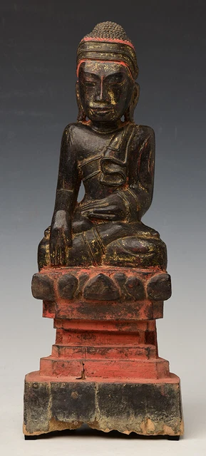 18th Century, Shan, Antique Burmese Wooden Seated Buddha