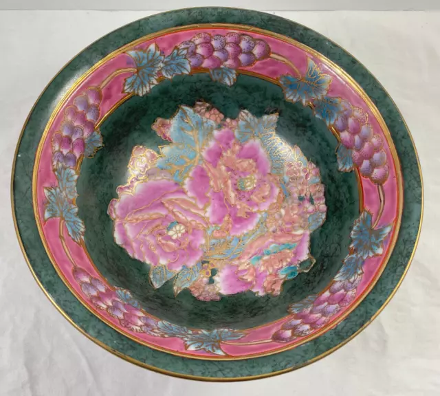 Floral Rose Bowl Pink Green Hand Painted Vintage 8.75" Chinese Asian Oriental