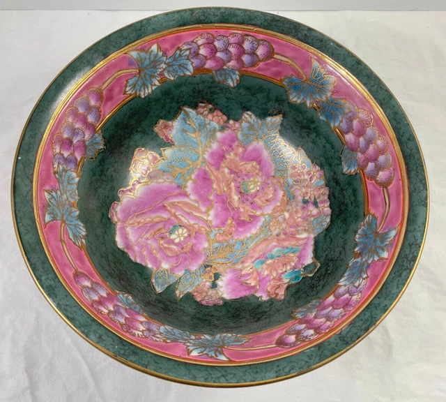 Floral Rose Bowl Pink Green Hand Painted Vintage 8.75" Chinese Asian Oriental