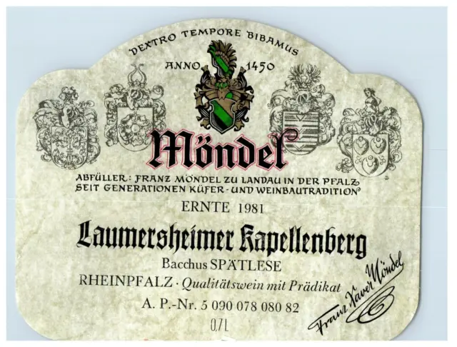 1970's-80's Mondel Laummersheimer Kapellenberg German Wine Label Original S20E
