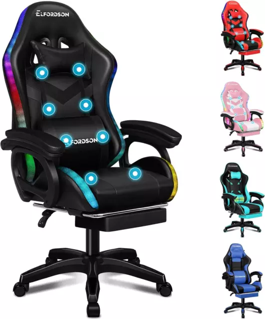 LED Gaming Chair, 8-Point Massage Computer Office Chair with Lumbar Support Foot