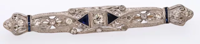 Platinum & 14K WG antique 1.05CT diamond and sapphire bar brooch