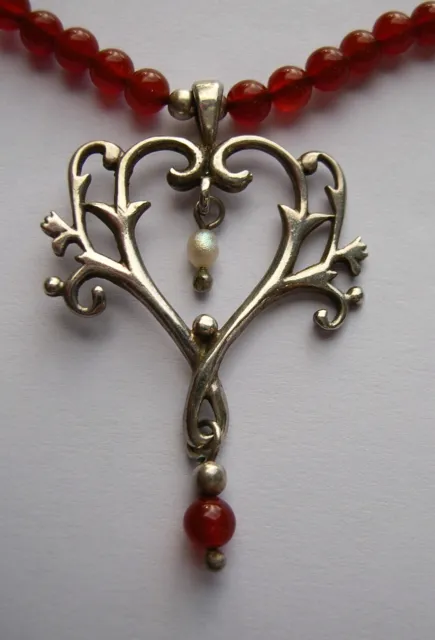 Unusual Vintage Sterling Silver, Red Carnelian & Pearl Chandelier Drop Necklace