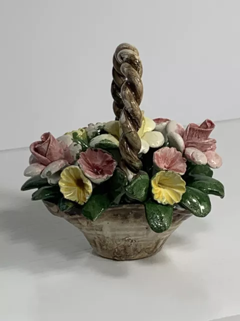 Vintage Nuova Capodimonte Fili Savastano Porcelain Roses In A Basket  5.5"