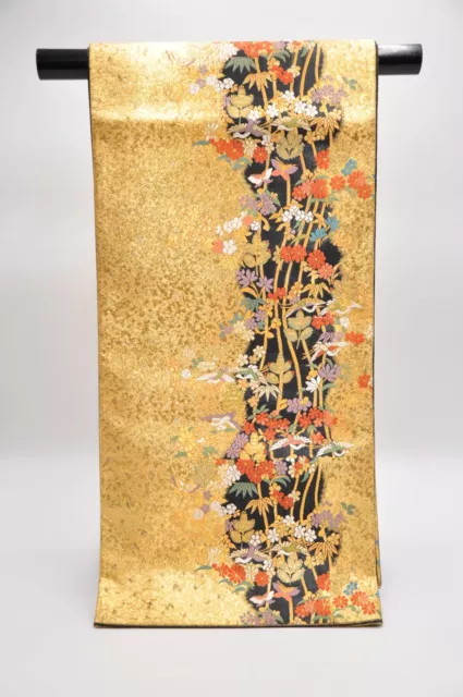 Vintage Japanese Kimono Fukuro Obi Silk Flowers Lucky Pattern Gold #JPS0030