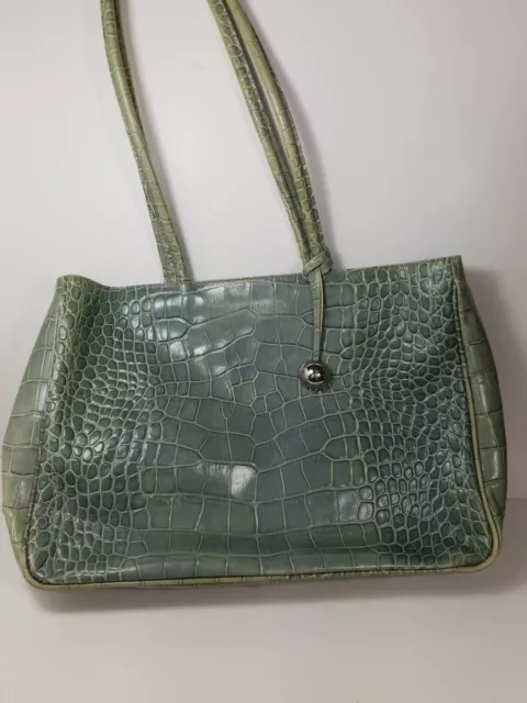 FURLA Croc Embossed Leather Sage Green Shoulder Tote Bag Handbag Purse