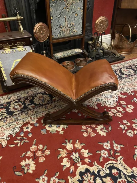 Victorian Oak Rocking Footstool with Hide Leather, Bronze Nails Gout Stool C1890