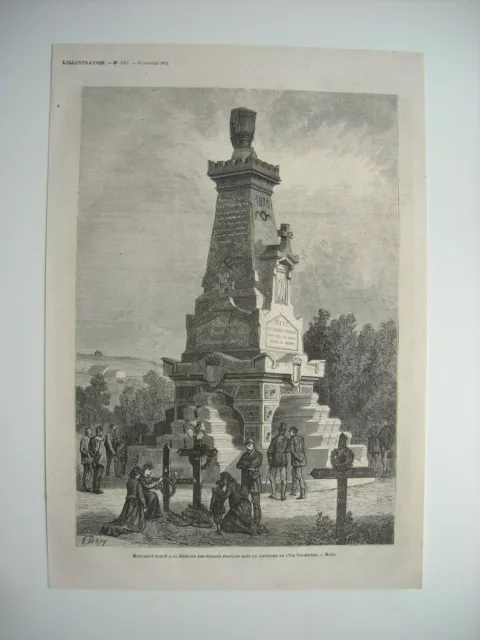 Gravure 1873. Metz, Cimetiere Ile Chambiere, Monument Eleve Memoire Soldats Tues