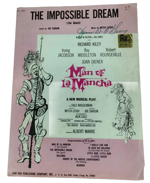 VINTAGE 1965 SHEET Music for "The Impossible Dream" Man Of La Mancha