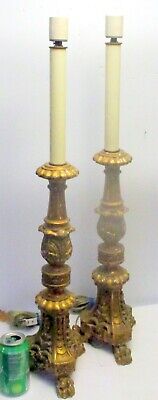 Antique Pair ITALIAN Baroque Candleholders as LAMPS Carved Gilt Gold Wood