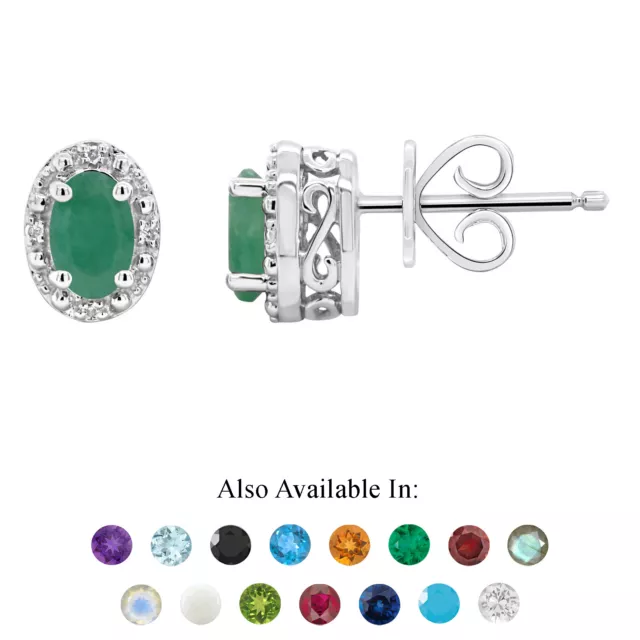 Sterling Silver 6x4mm Oval Genuine Natural Emerald Diamond Accent Stud Earrings