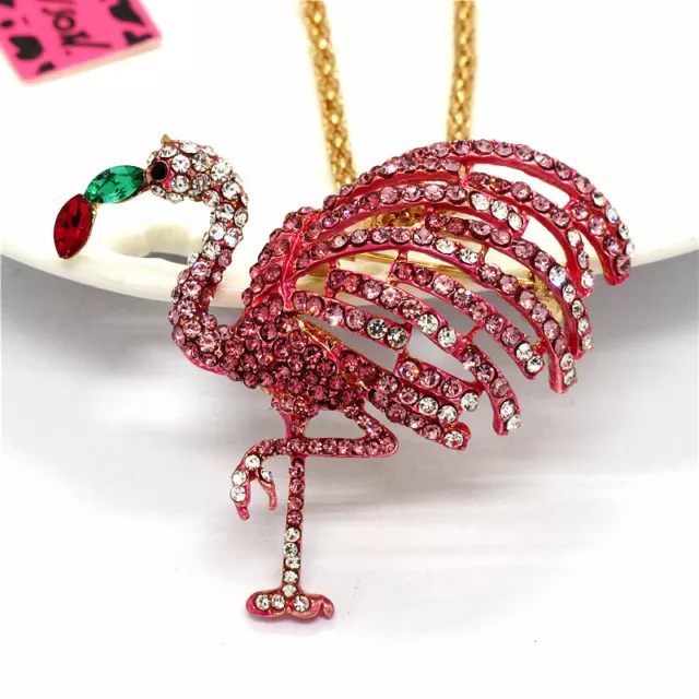 Shiny Rose Red Crystal Flamingo Bird Animal Pendant Chain Women Necklace Gift