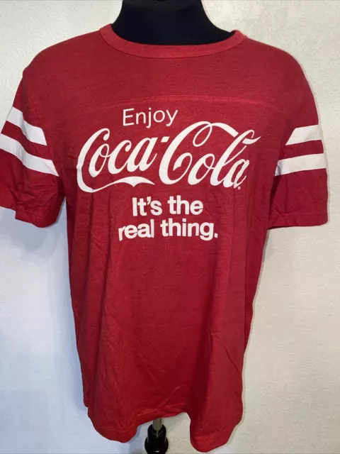 Coca Cola T-Shirt XL Red Enjoy It's The Real Thing Striped Sleeves Coke Soda Pop