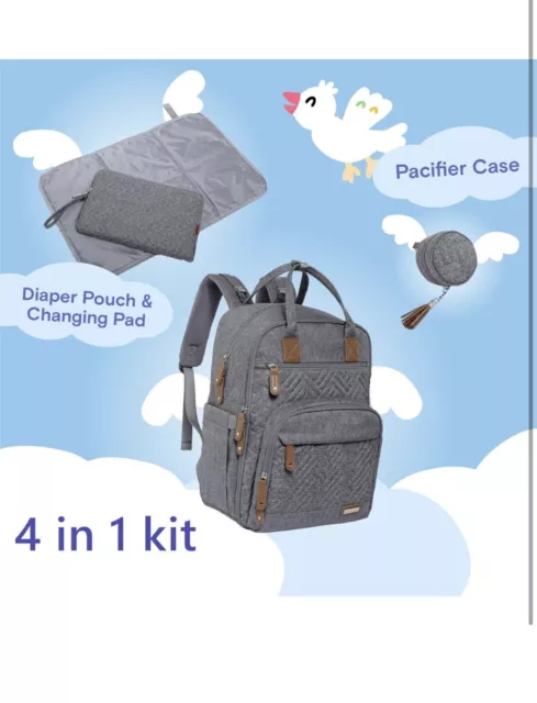 Large Gray Diaper Bag Backpack With Pouch Mommy Bag Baby Travel Backpack 2