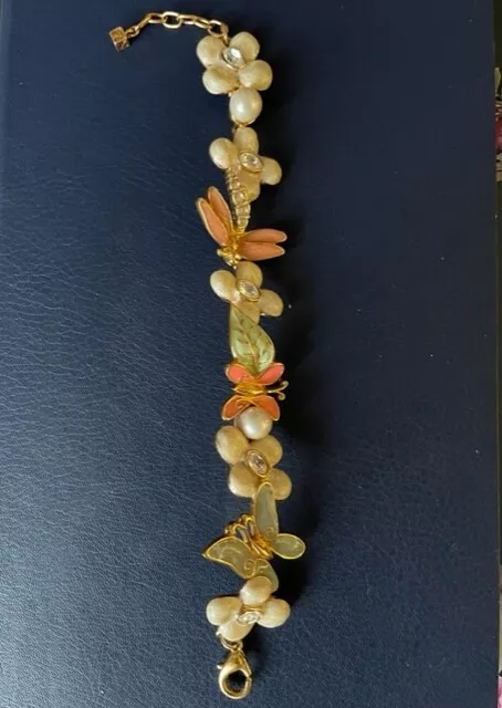 Bracelet Nina Ricci, fleur et papillon émaillé, perle,  17Cm, métal doré