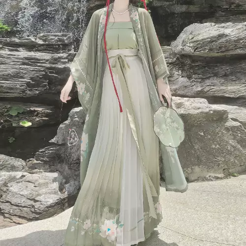 Modern Traditional Hanfu Three-piece Set Green Dress Chinese Fairy Folk Suit