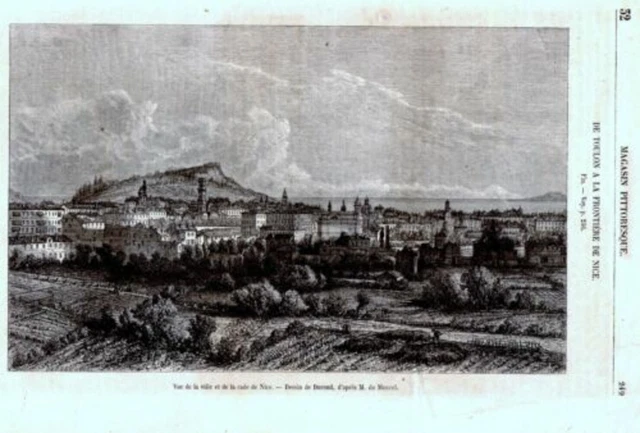 GRAVURE SUR BOIS 19ème VUE VILLE ET RADE DE NICE