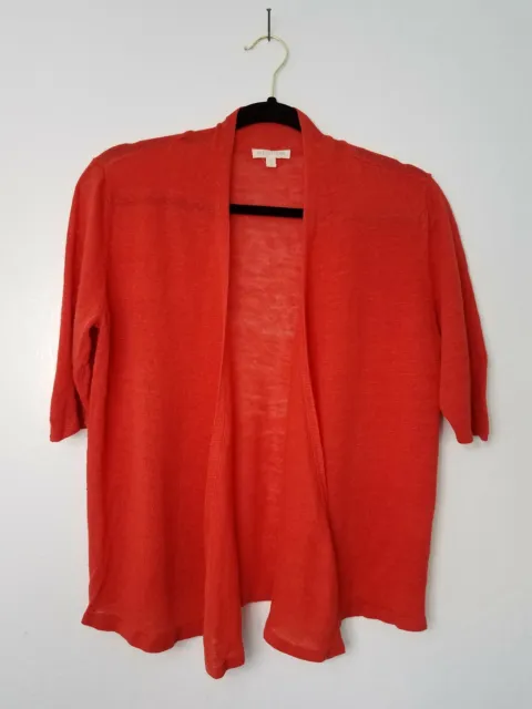 Eileen Fisher Womens M Open Front Cardigan Sweater Coral Red Linen Short Sleeves
