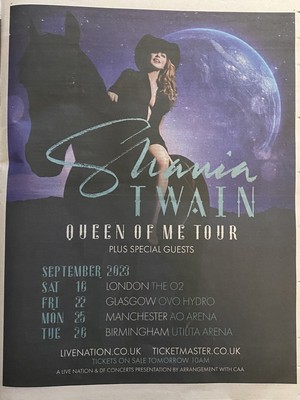 SHANIA TWAIN QUEEN Of Me 2023 UK Tour Advertisement - Metro Newspaper