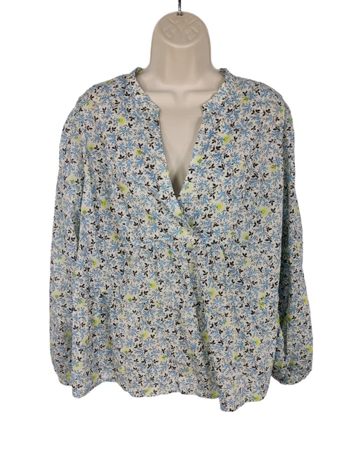 Bnwt Women M&S Per Una Uk 18 Ivory/Blue Ditsy Print Cotton Smock Wrap Blouse Top