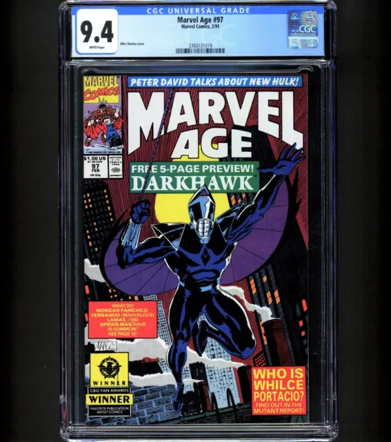 Marvel Age #97 CGC 9.4 1st DARKHAWK 1st PROFESSOR HULK Predates #1 NM 1991