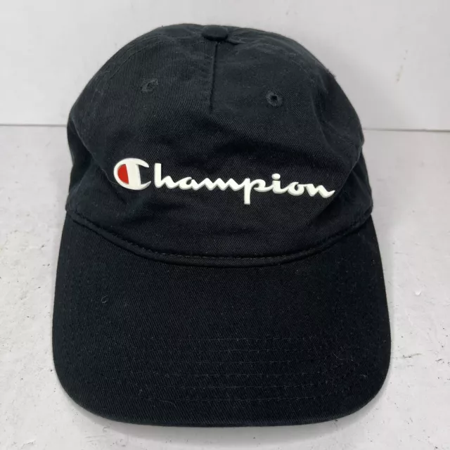 Champion Strapback Hat Baseball Cap Black Spell Out Logo One Size Adjustable
