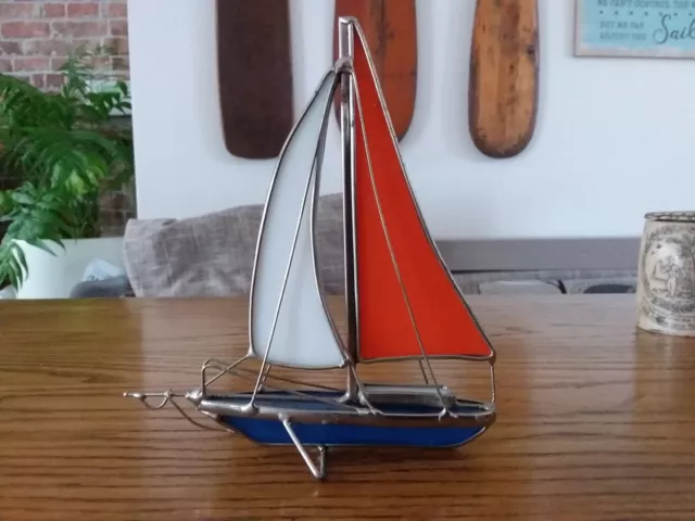 Vintage & Retro STAINED GLASS & METAL SAILING BOAT /YACHT - Nautical ~ Maritime