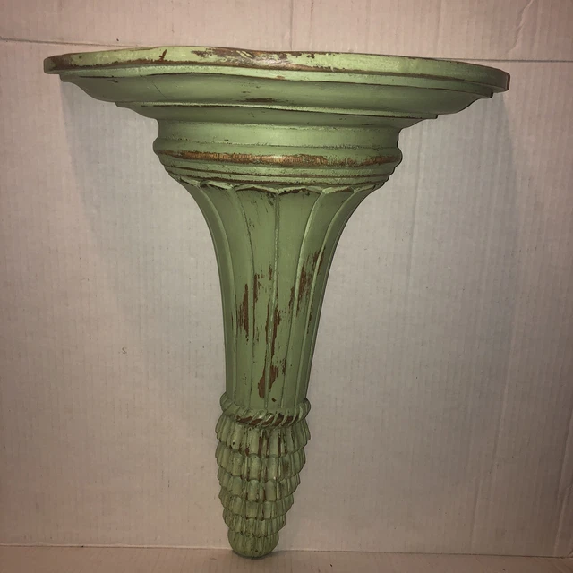Vintage Corbel Floating Large Ornately Carved Wood Wall Shelf Shabby Chic Green