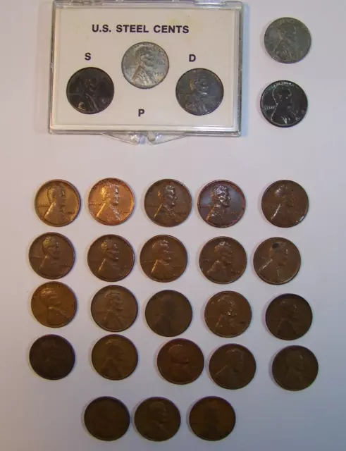 Lincoln Wheat Cents - 28 Coin LOT (includes steel cent set, mixed years & mints)