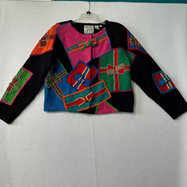 Rare Michael Simon New York sweater womens L Christmas Beaded knit crochet VTG