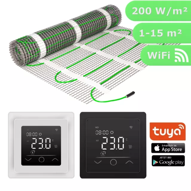 Fußbodenheizung elektrisch Komplett SET Fliese Heizmatte 200 W/m² Touch WLAN