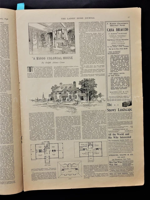 1896 feb antique LADIES HOME JOURNAL RALPH ADAMS CRAM $5,000 colonial house plan