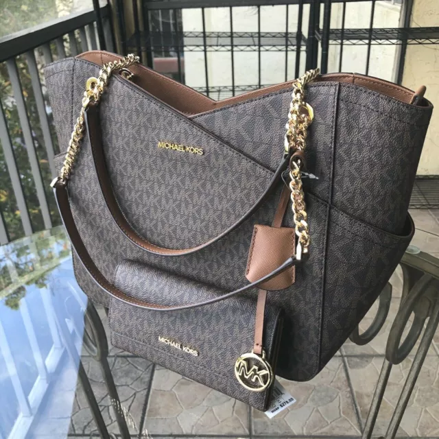Michael Kors PVC Leather Shoulder Tote Handbag Purse Satchel Bag Brown + Wallet