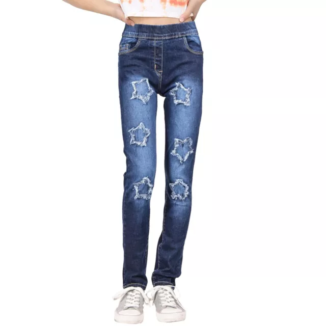 Kids Girls Denim Stars Ripped Dark Blue Jeans Comfort Stretchy Fashion Pants