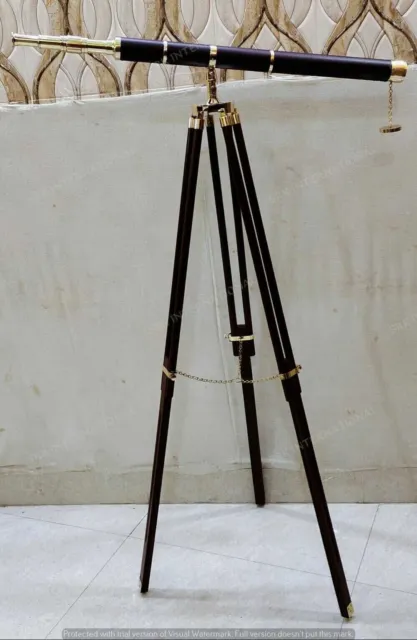 Nautical Wood Floor Standing Brass 39 Inch Telescope With Wooden Tripod Stand