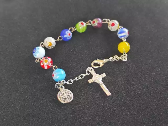 Murano Catholic Rosary Bracelet Saint St Benedict Murano Crystal Glass Decade