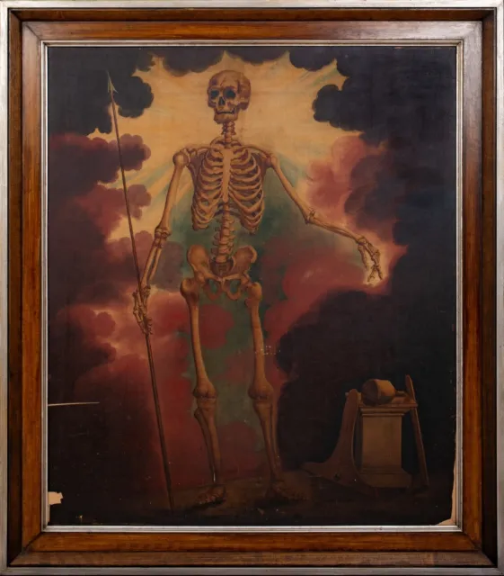 Large 18th Century Memento Mori Allegory Portrait Of Skeleton Warrior As Death