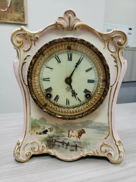 ANTIQUE ANSONIA La Cumbre Royal Bonn Victorian porcelain China Mantle Clock